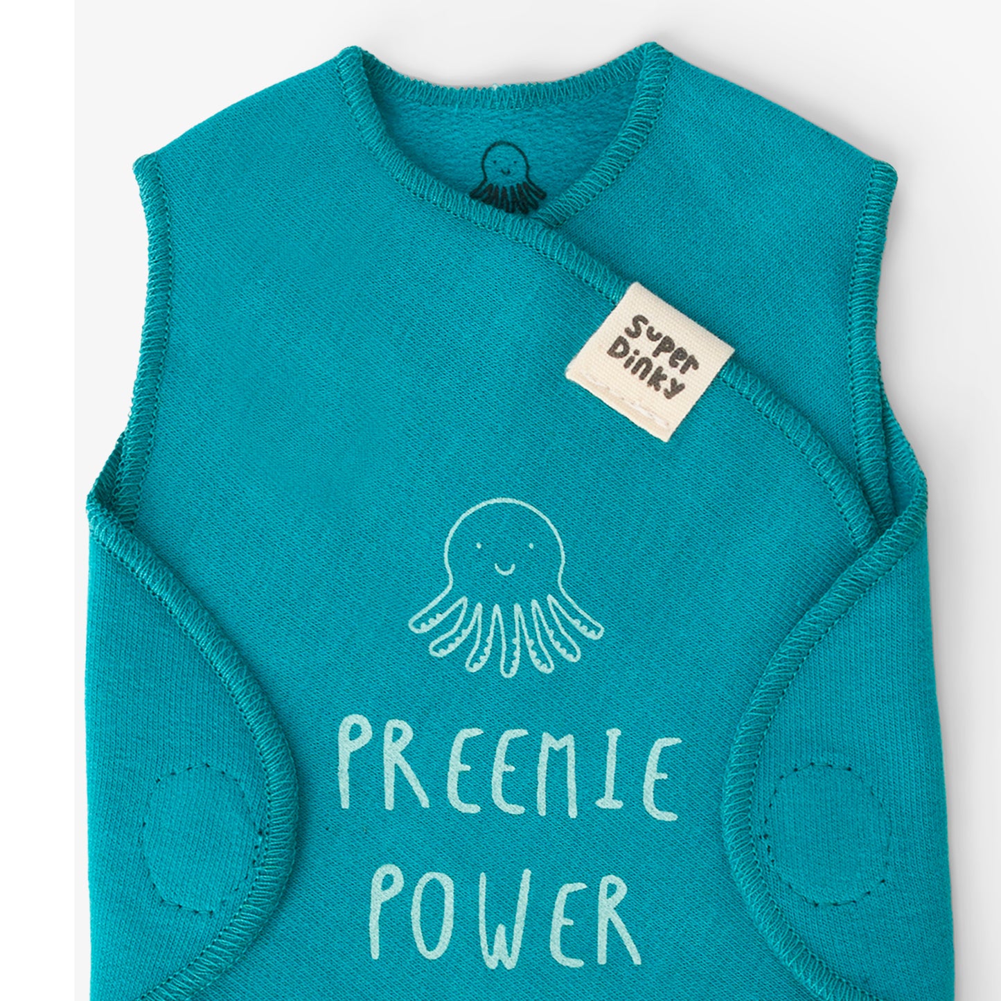 Teal "Preemie Power" NICU premature baby vest with Tom the Octopus logo - Front 2/3