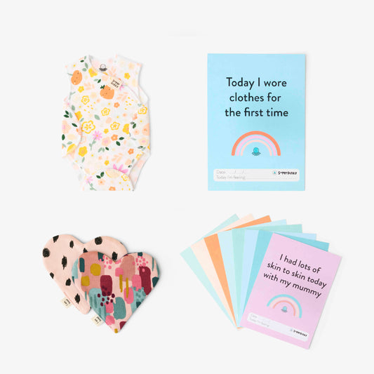 THE Ultimate NICU gift set (Flowers/Pink/white)- NICU vest, bonding hearts and milestone cards