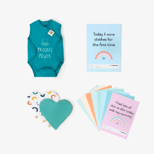 THE Ultimate NICU gift set (Blue/Green) - NICU vest, bonding hearts and milestone cards